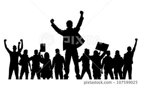 Protesters, enraged crowd of people silhouette. Silhouettes of crowd of people with raised up hands and flags. Iconic protester raised fist isolated Protesters, enraged crowd of people silhouette. Silhouettes of crowd of people with raised up hands and flags. Iconic protester raised fist isolated 107599025