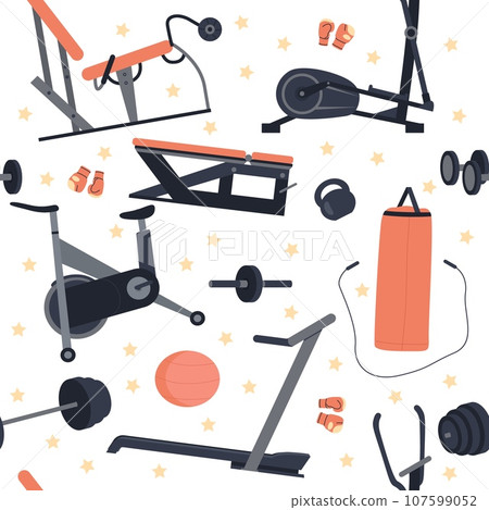 Seamless pattern with sports trainers. Different training apparatus. Decor textile, wrapping paper, wallpaper design. Print for fabric, cartoon flat style isolated vector concept Seamless pattern with sports trainers. Different training apparatus. Decor textile, wrapping paper, wallpaper design. Print for fabric, cartoon flat style isolated vector concept 107599052