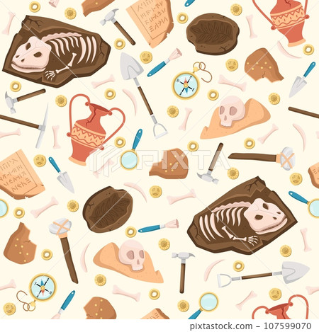 Seamless pattern with archaeological digs. Old antique vase, animal skeletons and human skulls in soil. Paleontological hammer. Decor textile, wrapping paper, print and wallpaper, vector concept Seamless pattern with archaeological digs. Old antique vase, animal skeletons and human skulls in soil. Paleontological hammer. Decor textile, wrapping paper, print and wallpaper, vector concept 107599070