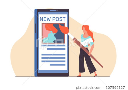 Girl blogger creates new content for her blog. Woman with brush paint on huge smartphone screen. Young woman make social media content. Online messaging. Cartoon flat isolated vector concept Girl blogger creates new content for her blog. Woman with brush paint on huge smartphone screen. Young woman make social media content. Online messaging. Cartoon flat isolated vector concept 107599127