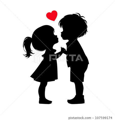 Cute couple, Cartoon silhouettes of a boy and a girl kissing, two kissing children on white background 107599174