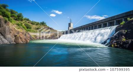 Hydroelectric power station on the river. Hydroelectric power station on the river. 107599395