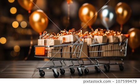 Shopping cart with gifts and purchases against. Concept of online shopping, sales season 107599479