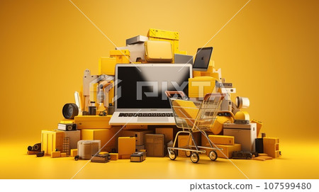 A new laptop bunch of other various products , bright yellow background. online shopping, sales season, Black Friday 107599480