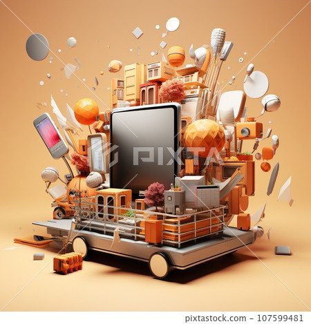 Shopping cart with various goods, sale day, online shopping,. Concept seasonal discounts, black friday, cuber monday Shopping cart with various goods, sale day, online shopping,. Concept seasonal discounts, black friday, cuber monday 107599481