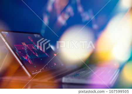 Working as an online trading broker from home. Internet work . Businessman analyzes Working as an online trading broker from home. Internet work . Businessman analyzes 107599505