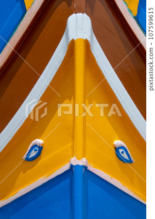 Malta, Marsaxlokk, colorful boats in the harbor with the eye of Horus or eye of Osiris, Malta, Marsaxlokk, colorful boats in the harbor with the eye of Horus or eye of Osiris, 107599615