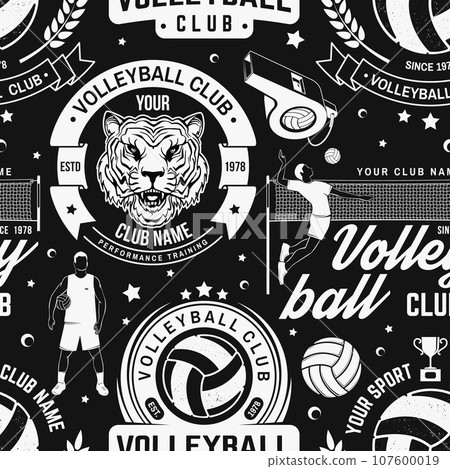 Set of volleyball sport club seamless pattern. Vector illustration. Concept for sport pattern background or wallpaper with volleyball ball, player, net and referee whistle silhouettes. 107600019