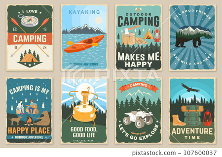 Set of camping retro posters. Vector illustration. Vintage typography design with climber, bear and campfire, carabiners, climbing cams, hexes, camper tent, axe, mountain, man with guitar. Set of camping retro posters. Vector illustration. Vintage typography design with climber, bear and campfire, carabiners, climbing cams, hexes, camper tent, axe, mountain, man with guitar. 107600037