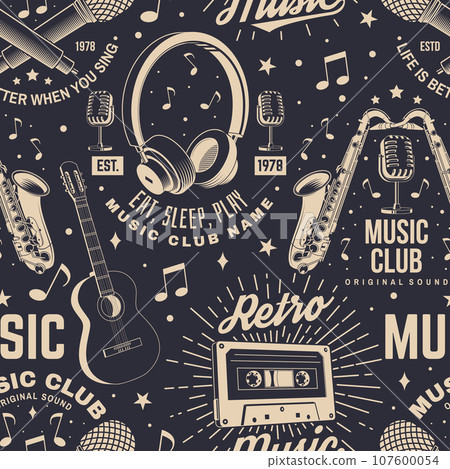 Retro music club seamless pattern. Background with retro microphone, saxophone, audio cassette, classical acoustic guitar, headphones with sunburst. Concept for background or wallpaper. Vector 107600054