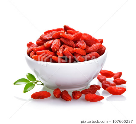 Goji berries closeup on white backgrounds. Generated Ai 107600257