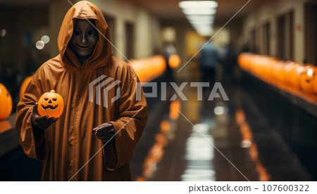Orange Ghost holding a halloween pumpkin. Orange Ghost holding a halloween pumpkin. 107600322