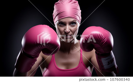 Woman in a boxing stance wearing pink gloves 107600340