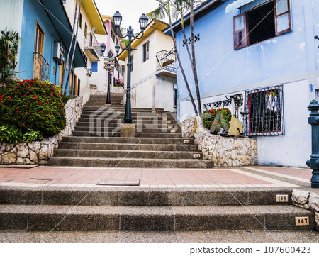Monumental stairway of Santa Ana hill with colorful houses made in colonial style, Guayaquil, Ecuador 107600423