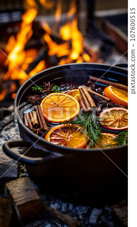 Traditional mulled wine cooking in pot with orange slices and spices close-up, vertical format 107600515