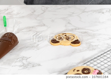 Icing panda-shaped shortbread cookies with chocolate icing. Icing panda-shaped shortbread cookies with chocolate icing. 107601164