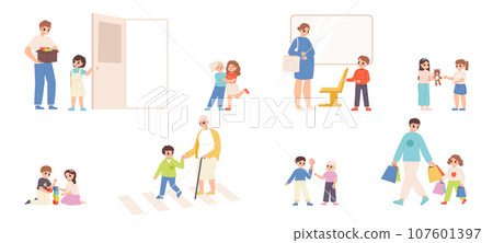 Good manners and polite kids. Cute good children in different situations in public transport and on street. Helping toddlers snugly vector scenes Good manners and polite kids. Cute good children in different situations in public transport and on street. Helping toddlers snugly vector scenes 107601397