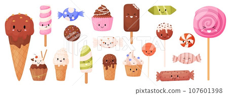Kawaii sweets isolated characters. Ice cream, lollipops and candies with cute emotional faces. Childish mascots, funny snugly food vector icons 107601398