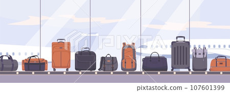 Travel baggage on conveyor, luggage on airport belt. Plastic suitcases and backpack, big bags. Security claim and safety flight, kicky vector flat scene Travel baggage on conveyor, luggage on airport belt. Plastic suitcases and backpack, big bags. Security claim and safety flight, kicky vector flat scene 107601399