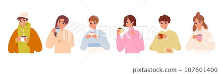People drinking hot drinks. Women hold tea cup, warm latte or coffee mug. Young person holding beverage and chocolade snugly vector characters People drinking hot drinks. Women hold tea cup, warm latte or coffee mug. Young person holding beverage and chocolade snugly vector characters 107601400