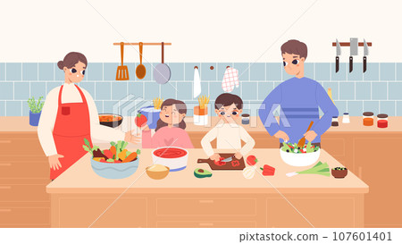 Family cooking together at home kitchen. Happy time with parents and siblings. People preparing lunch, breakfast or dinner, snugly vector scene Family cooking together at home kitchen. Happy time with parents and siblings. People preparing lunch, breakfast or dinner, snugly vector scene 107601401
