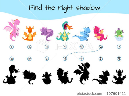 Find shadow game. Childish paper educational toy with cartoon cute dragons. Developing play, dinos characters and shadows, nowaday vector template 107601411