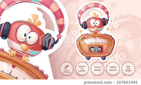 Sticker cartoon character adorable bird, pretty animal idea for print t-shirt, poster and kids envelope, postcard. Cute hand drawn style radio. 107601495