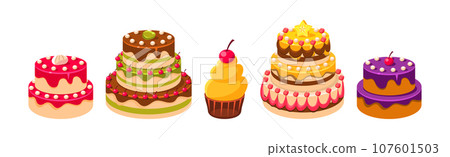 Baked Cake and Sweet Dessert with Decoration Vector Set 107601503