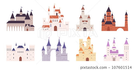 Cartoon fantasy castles exterior. Medieval castle and towers, stone fortresses. Fairytale architecture, gothic fortified buildings racy vector set Cartoon fantasy castles exterior. Medieval castle and towers, stone fortresses. Fairytale architecture, gothic fortified buildings racy vector set 107601514