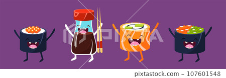 Cute Sushi and Rolls Kawaii Character with Smiling Face Vector Set Cute Sushi and Rolls Kawaii Character with Smiling Face Vector Set 107601548