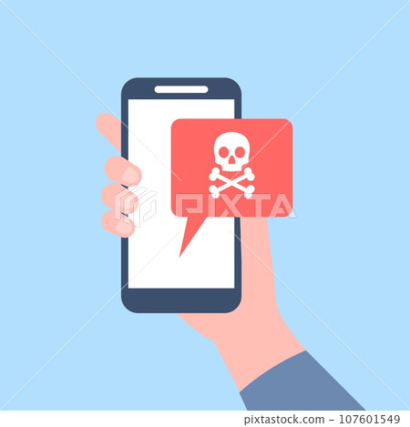 Virus alert on smartphone screen in male hand. Alert notification about spam message or scammer. Unsafe, digital online scam, recent vector concept Virus alert on smartphone screen in male hand. Alert notification about spam message or scammer. Unsafe, digital online scam, recent vector concept 107601549