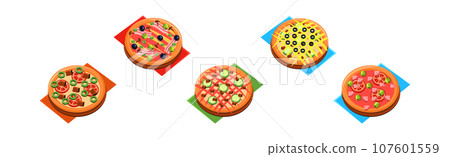 Italian Pizza Round Baked Pastry with Topping Vector Set Italian Pizza Round Baked Pastry with Topping Vector Set 107601559
