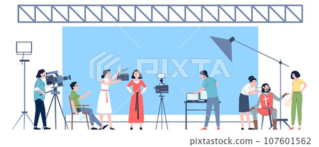 Movie production concept. Film shooting, team working on stage. Actors, operator and director. Entertainment, people making 3d films recent vector scene 107601562