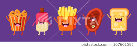 Funny Fast Food Character with Happy Smiling Faces Vector Set Funny Fast Food Character with Happy Smiling Faces Vector Set 107601595