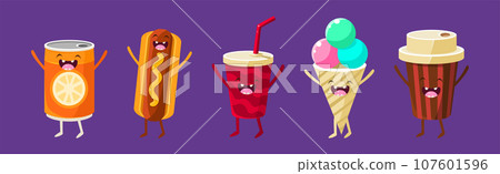 Funny Fast Food Character with Happy Smiling Faces Vector Set 107601596