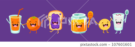 Funny Food Character with Happy Smiling Faces Vector Set 107601601