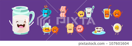Funny Food Character with Happy Smiling Faces Vector Set 107601604