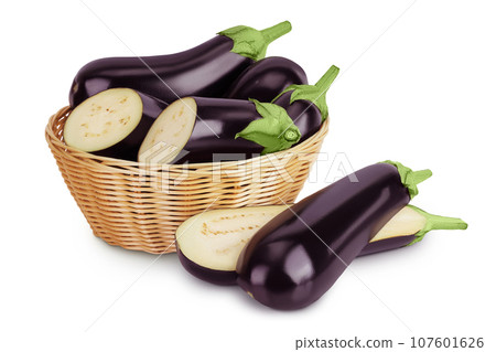 eggplant in a wicker basket isolated on white background with full depth of field 107601626