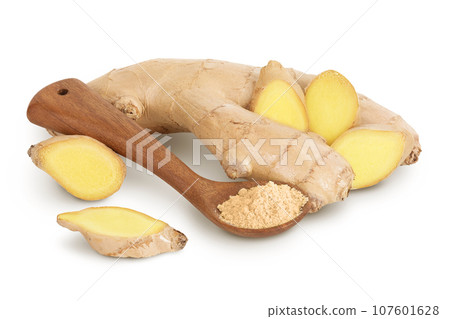 fresh ginger and ground ginger in wooden spoon spice isolated on white background fresh ginger and ground ginger in wooden spoon spice isolated on white background 107601628