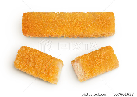 Fish finger or stick isolated on white background with full depth of field. Top view. Flat lay. 107601638