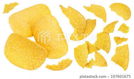 Potato chips isolated on white background with clipping path and full depth of field. Top view. Flat lay. 107601675