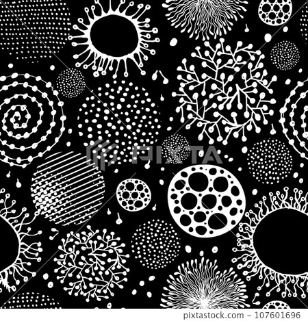Monochrome graphic seamless background with dots and graphic elements. hand drawing. Not AI, Illustrat3. Vector illustration Monochrome graphic seamless background with dots and graphic elements. hand drawing. Not AI, Illustrat3. Vector illustration 107601696