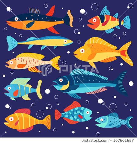 Colorful set of marine animals, fish on blue background, isolated. Colorful set of marine animals, fish on blue background, isolated. 107601697