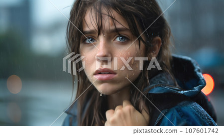 Close-up of a teenage girl looking directly into the camera with expression of worry and sadness 107601742