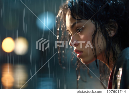 Side profile of a mixed-race young woman looking into the distance 107601744