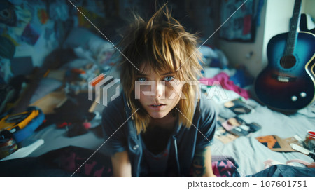 Teenage girl with shaggy hair sits in her messy room 107601751