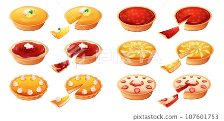 Cartoon pies portion. Homemade pie slice sweet berries or apple filling, cooking pastries fruit desserts traditional bakery pastry concept isolated tart garish vector illustration 107601753