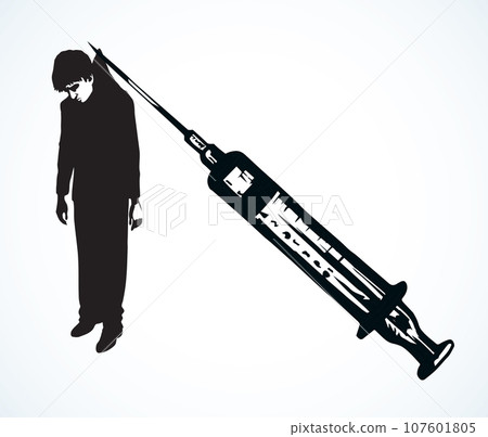Vector poster against drug abuse: a man caught in a syringe needle Vector poster against drug abuse: a man caught in a syringe needle 107601805