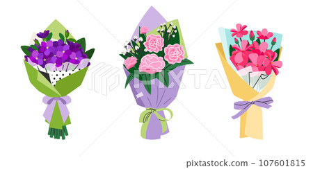 Flower bouquets. Isolated vector garden flowers in colorful paper packaging. Botanical decoration set Flower bouquets. Isolated vector garden flowers in colorful paper packaging. Botanical decoration set 107601815