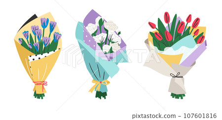 Flower bouquets with cartoon blooming peony and tulip. Isolated vector garden flowers in colorful paper packaging. Botanical decoration set Flower bouquets with cartoon blooming peony and tulip. Isolated vector garden flowers in colorful paper packaging. Botanical decoration set 107601816